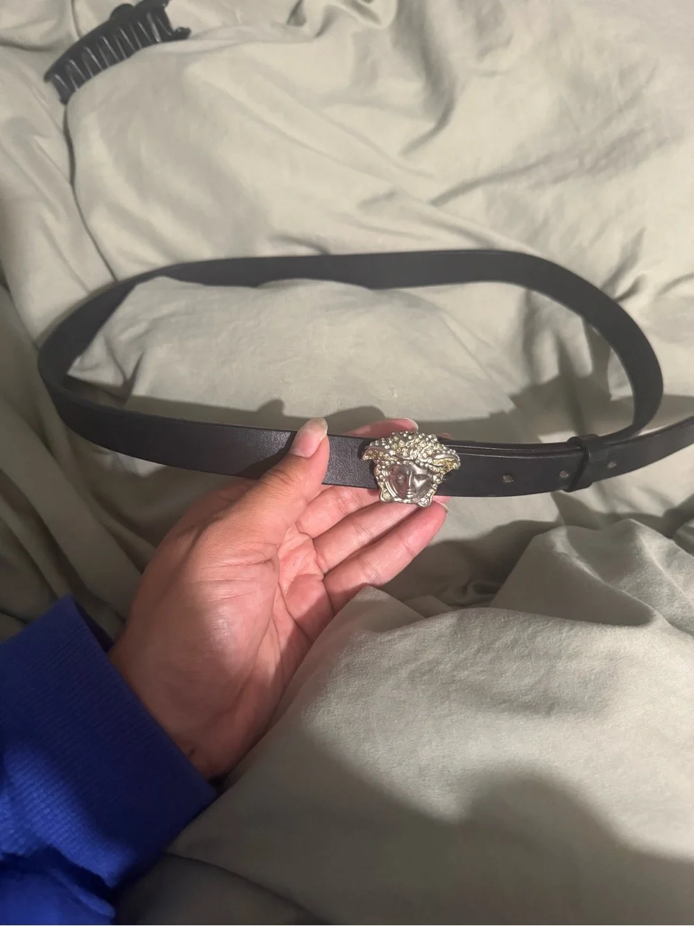Versace Black Leather Belt with Silver Medusa Buckle